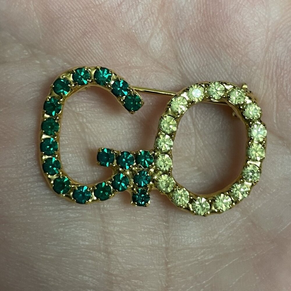 Vintage GO Brooch Signed Dorothy Bauer Gold-tone Green Rhinestone HTF